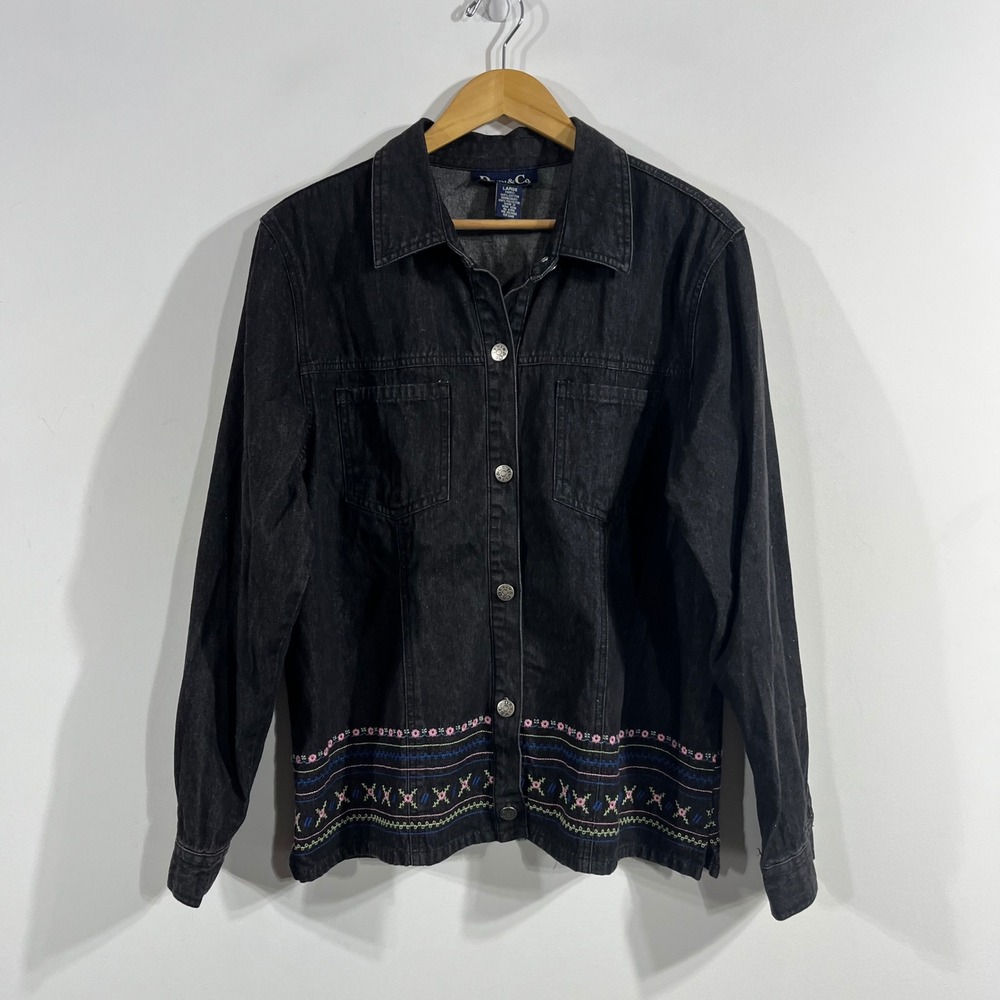 Denim & Co Western Cottagecore Boho Denim Jacket Embroidered Floral Womens Large